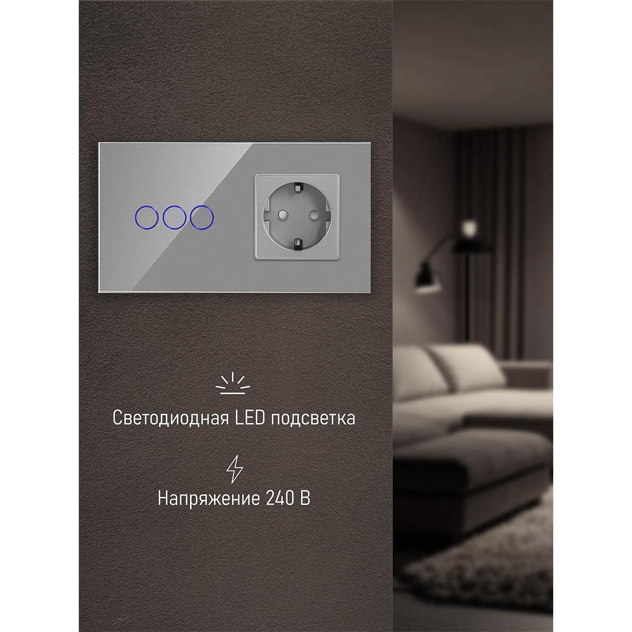 Блок комбинированный Vell GY2P-3G-1EU с розеткой, сенсорный, 2 поста, 3 кнопки + розетка, стекло, серый