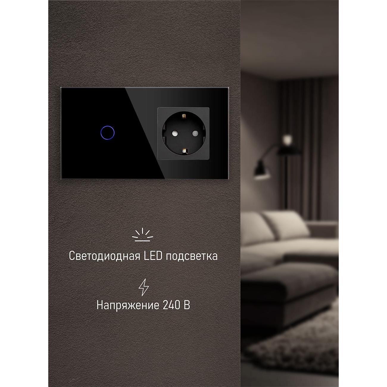 Блок комбинированный Vell BK2P-1G-1EU с розеткой, сенсорный, 2 поста, 1 кнопка + розетка, стекло, черный