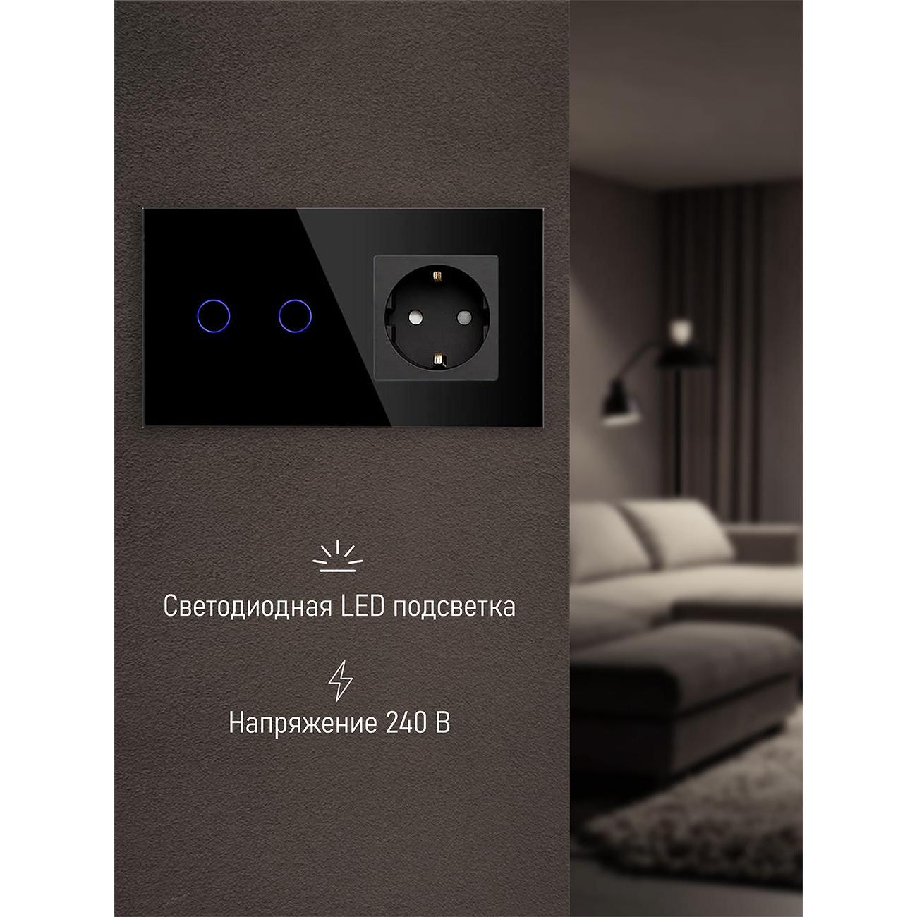 Блок комбинированный Vell BK2P-2G-1EU с розеткой, сенсорный, 2 поста, 2 кнопки + розетка, стекло, черный