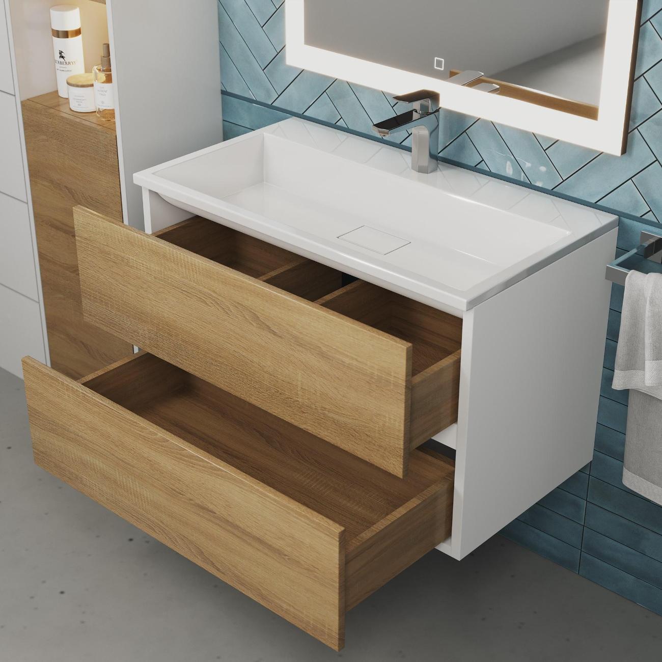 Тумба под раковину Uperwood Barsa 80 см, подвесная, белая/дуб сонома