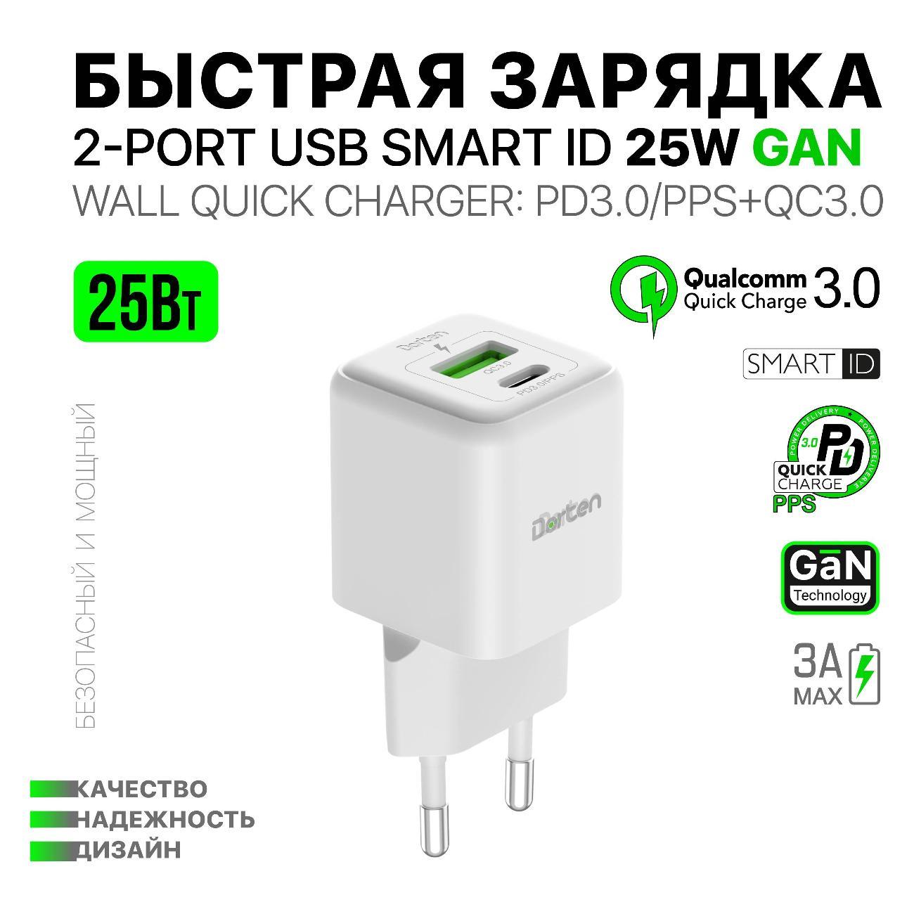 Сетевое зарядное устройство Dorten 2USB 25W GaN PD3.0+QC3.0 DN206604