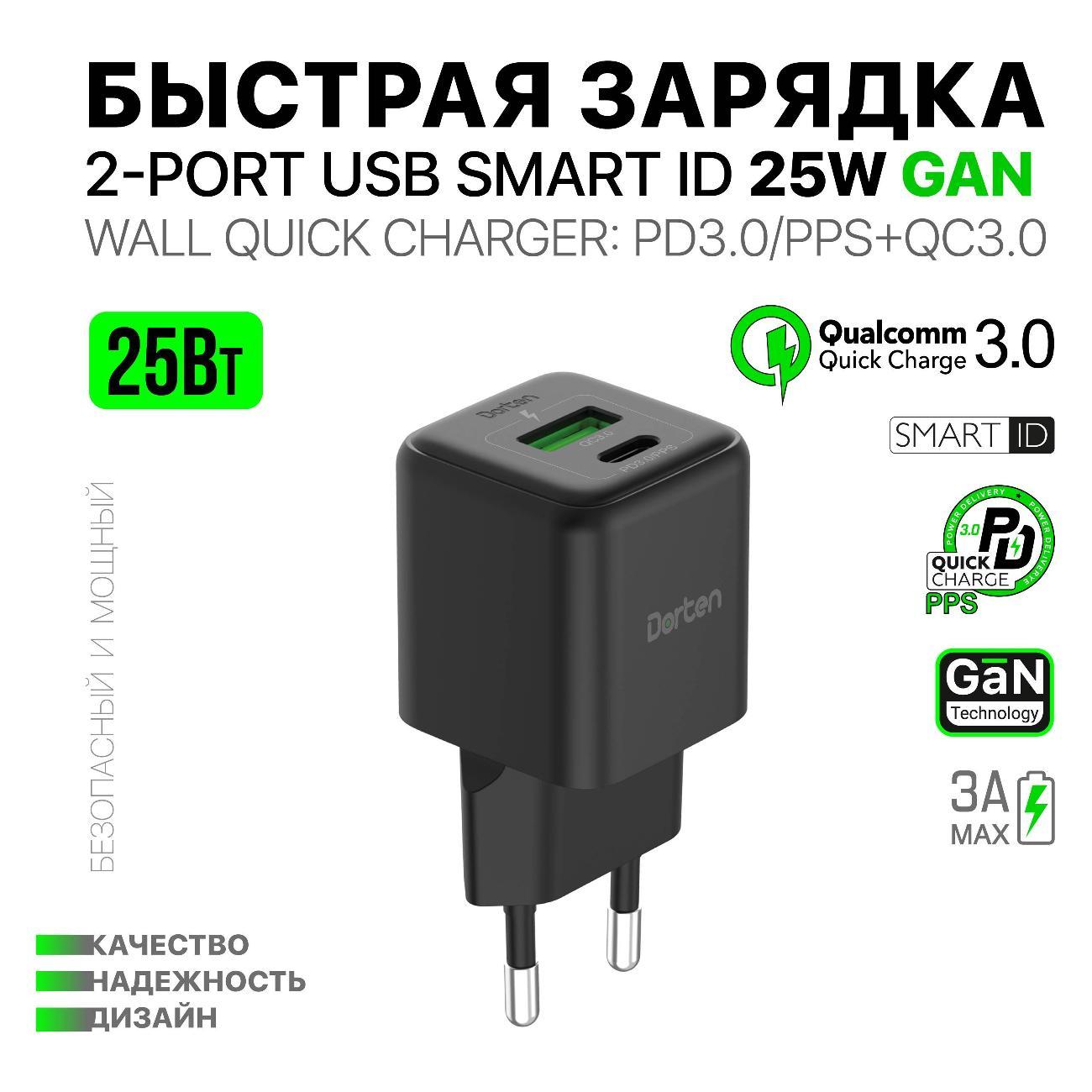 Сетевое зарядное устройство Dorten 2USB 25W GaN PD3.0+QC3.0 DN206605