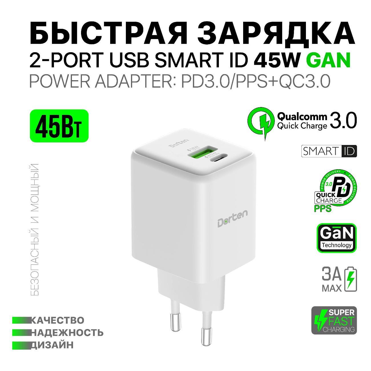 Сетевое зарядное устройство Dorten 2USB 45W GaN PD3.0+QC3.0 DN207200