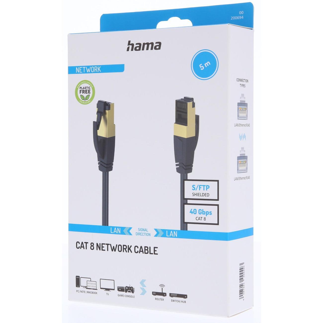 Сетевой кабель LAN Hama CAT8 патч-корд S/FTP, скорость до 40 Гбит/с, 5 м, чёрный 200694