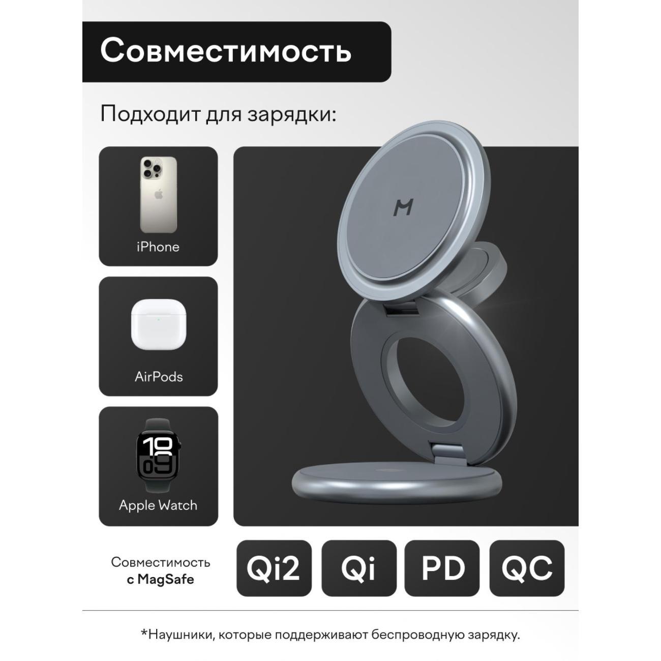 Беспроводное зарядное устройство Magssory 3 в 1 Signature Pro для Apple, Qi2, Midnight