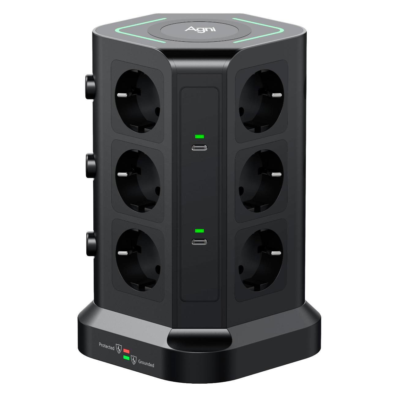 Сетевой фильтр AGNI башня 12 розеток, 2 метра, 3 USB + 2 Type-C 65 Вт, беспроводная зарядка, черный фото