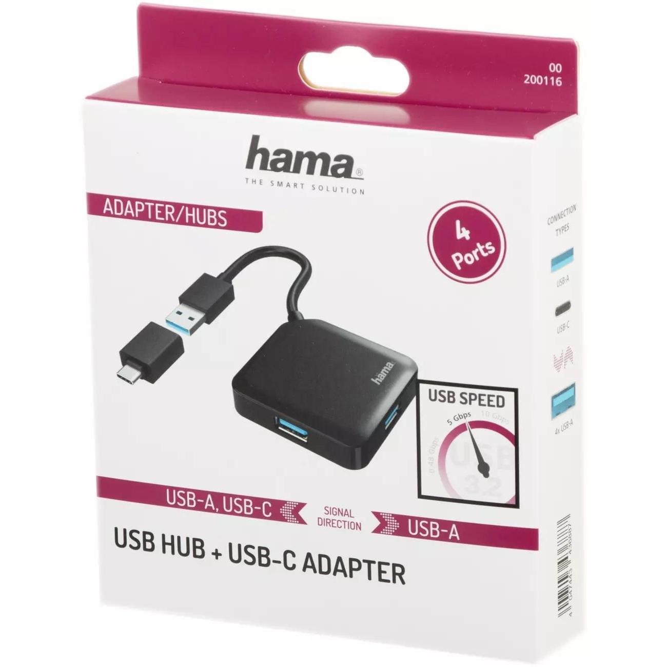 Разветвитель для компьютера Hama 4 порта, 4x USB-A - USB 3.2 Gen1, 5 Гбит/с. USB-C, 200116