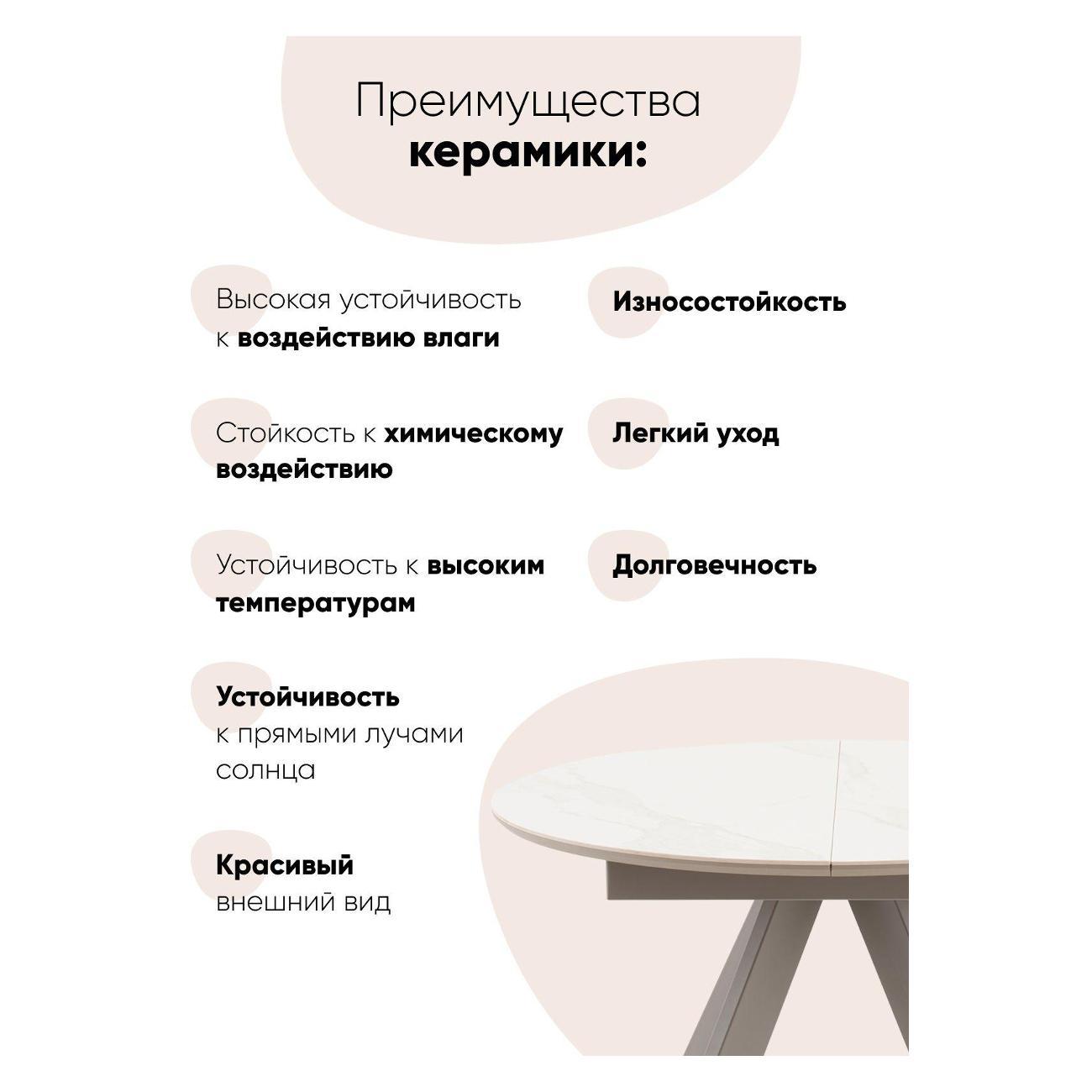 Стол обеденный Stool Group круглый Миндель D100 столешница керамика белый глянец, основание металл латте