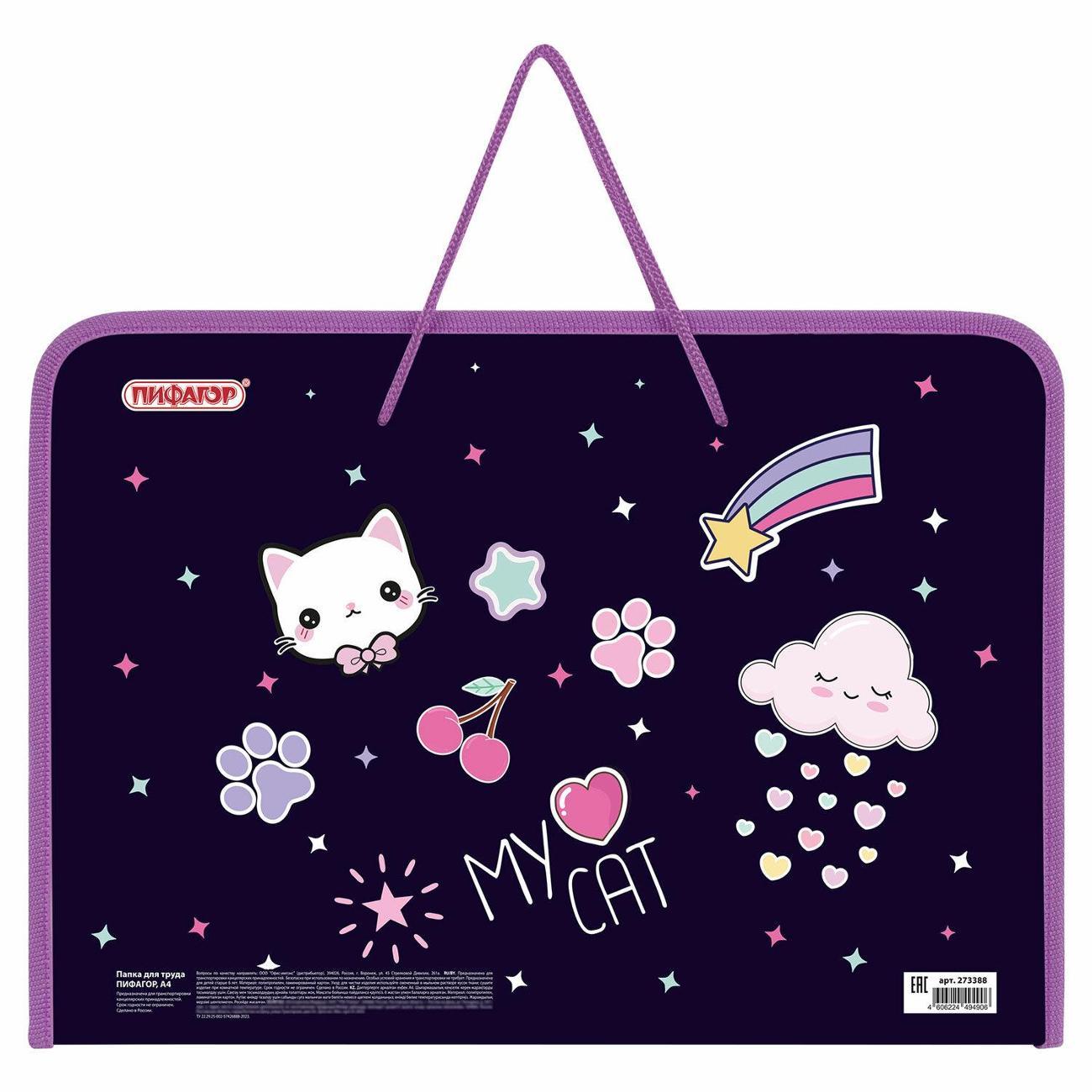 Папка Пифагор А4 органайзер с ручками my cat