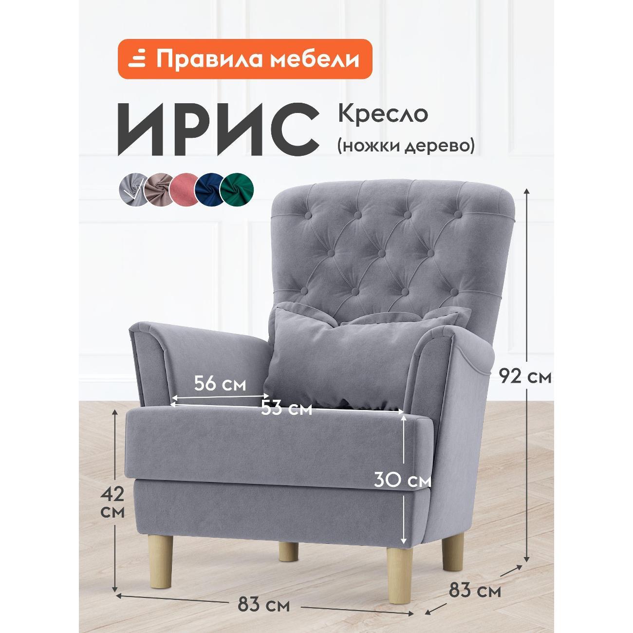 Кресло Правила мебели Ирис для отдыха дома, с высокой спинкой, 83х83х92 см, Серый, велюр, ножки массив дерева