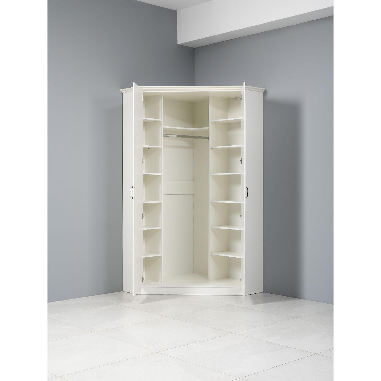 Шкаф Правила мебели Ливерпуль угловой, с полками, со штангой, 109.9х109.9х220.3 см, Ясень Ваниль / Белый, С карнизом