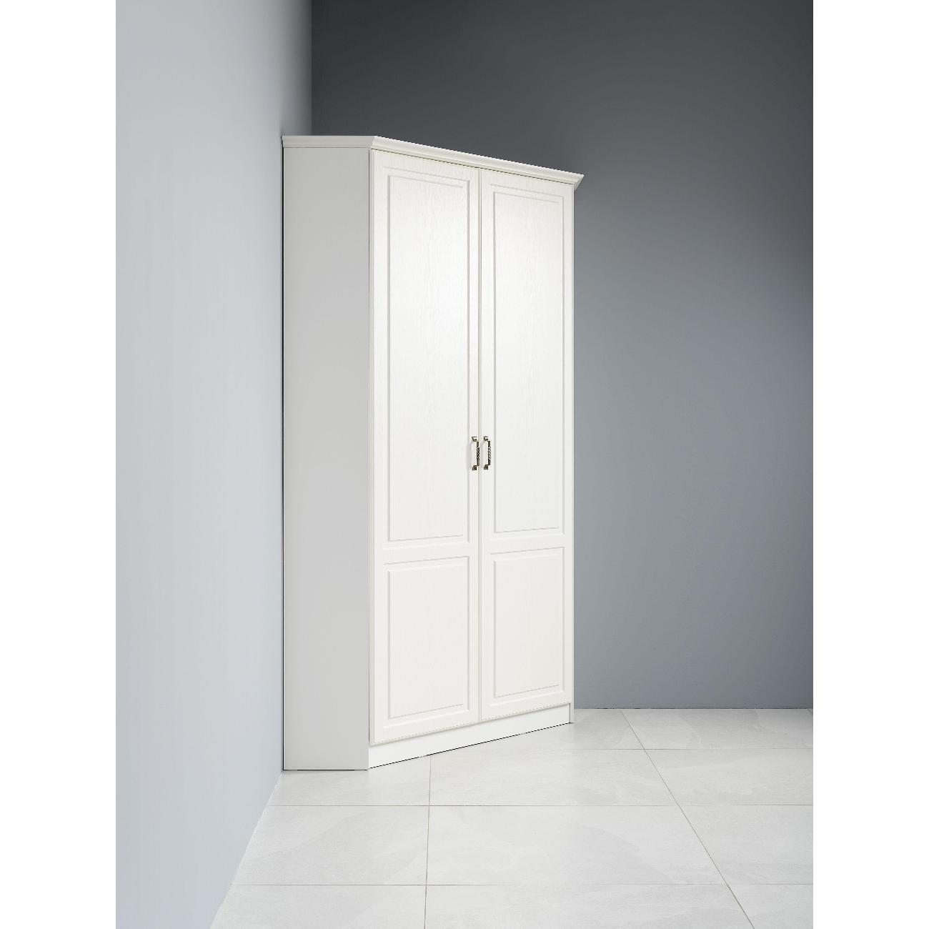 Шкаф Правила мебели Ливерпуль угловой, с полками, со штангой, 109.9х109.9х220.3 см, Ясень Ваниль / Белый, С карнизом