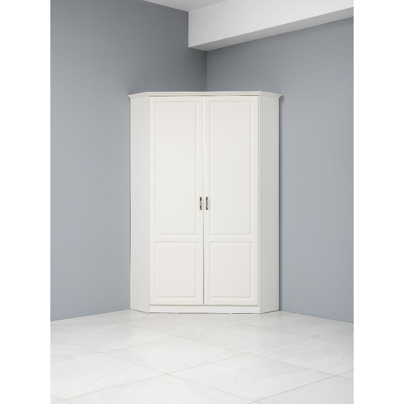 Шкаф Правила мебели Ливерпуль угловой, с полками, со штангой, 109.9х109.9х220.3 см, Ясень Ваниль / Белый, С карнизом