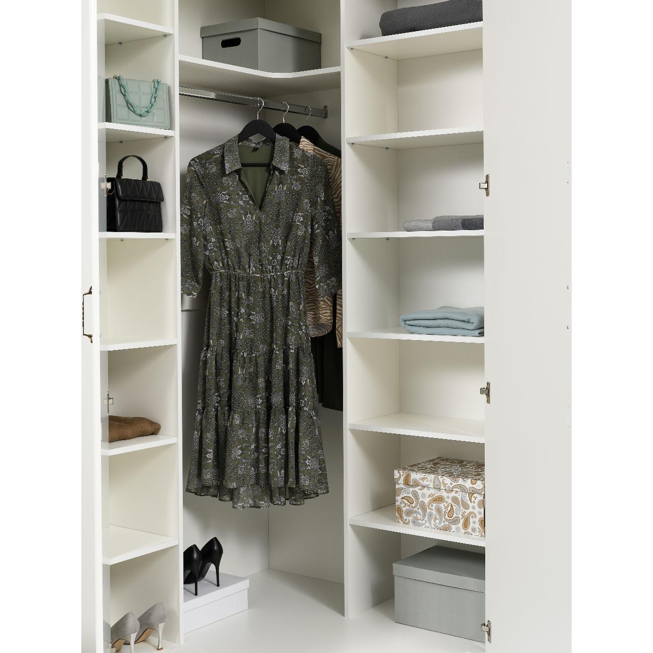 Шкаф Правила мебели Ливерпуль угловой, с полками, со штангой, 109.9х109.9х220.3 см, Ясень Ваниль / Белый, С карнизом