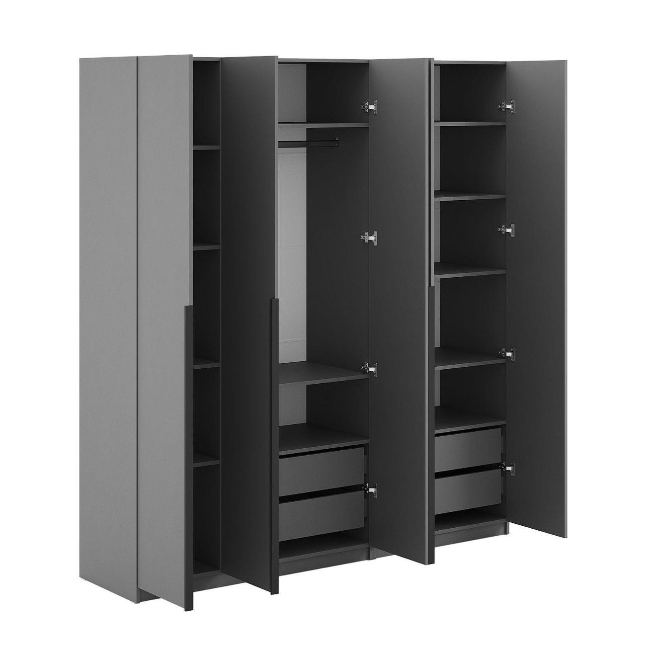 Шкаф Правила мебели Сеул с полками, с ящиками, со штангой, с доводчиками, 200.2х50.6х221.6 см, Графит