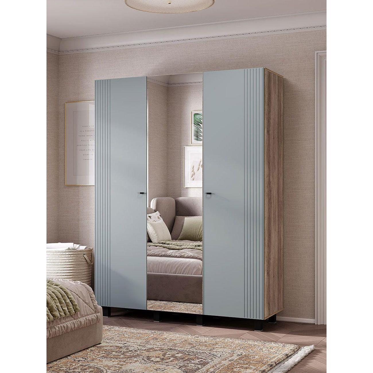 Шкаф Правила мебели Олива трехдверный, с зеркалом, с полками, со штангой, 150.2х51.4х201.6 см, Дуб Каньон / Шарли бриз