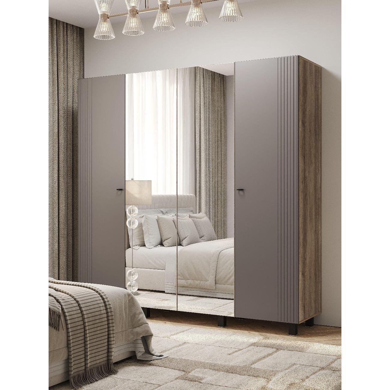 Шкаф Правила мебели Олива четырехдверный, с зеркалом, с полками, со штангой, 200.2х51.4х201.6 см, Дуб Каньон / Муссон софт