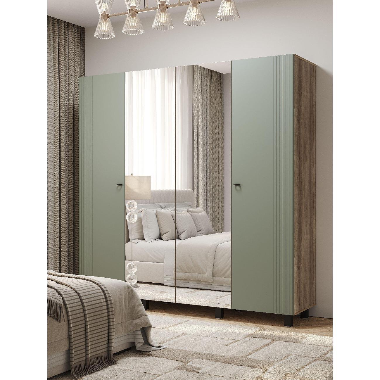 Шкаф Правила мебели Олива четырехдверный, с зеркалом, с полками, со штангой, 200.2х51.4х201.6 см, Дуб Каньон / Эвкалипт софт