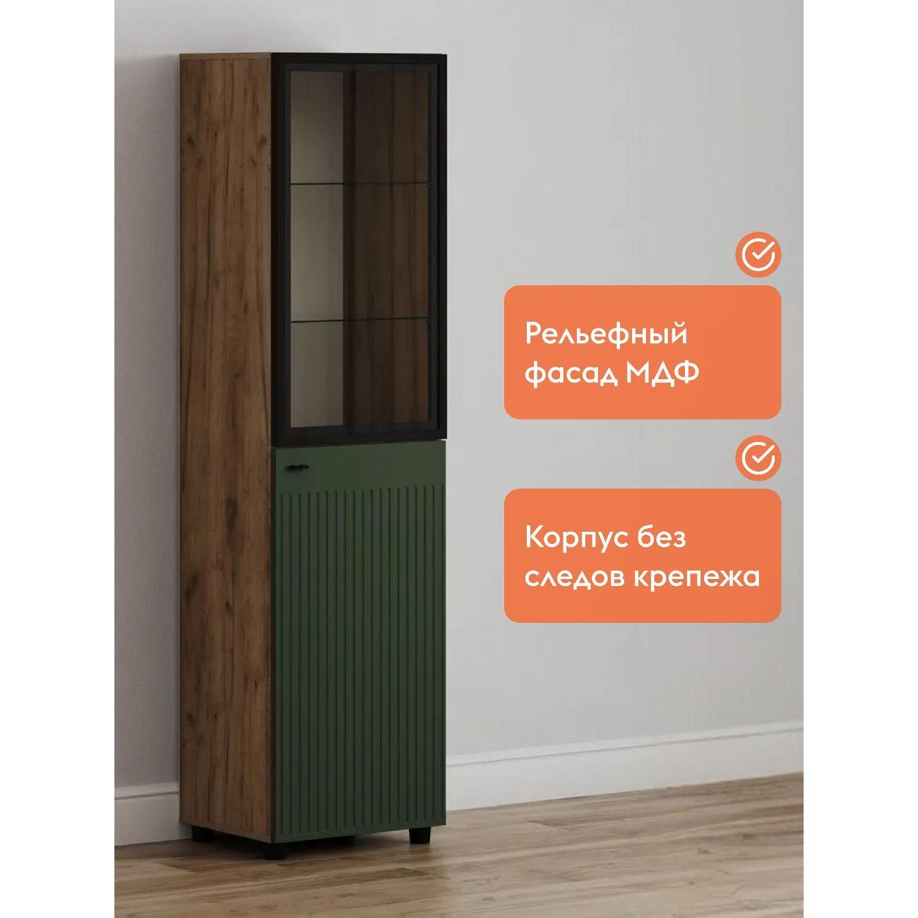 Шкаф Правила мебели Ларенс с полками, стеклянный фасад, 50.1х41.6х191.4 см, Дуб золотой / Олива софт