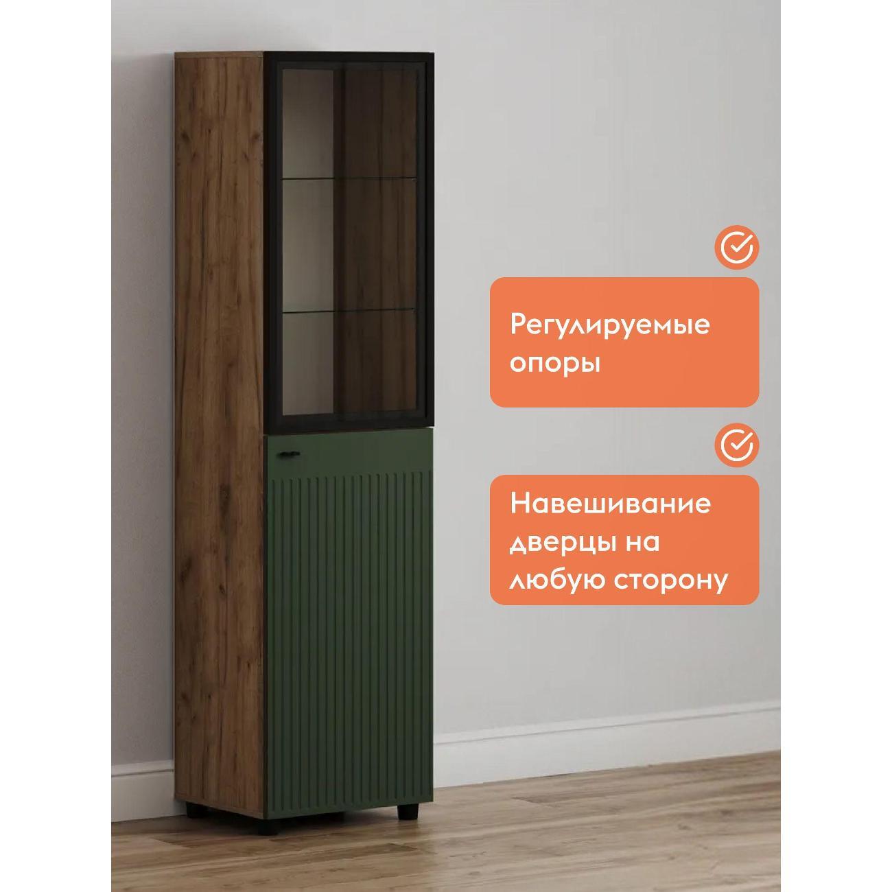 Шкаф Правила мебели Ларенс с полками, стеклянный фасад, 50.1х41.6х191.4 см, Дуб золотой / Олива софт