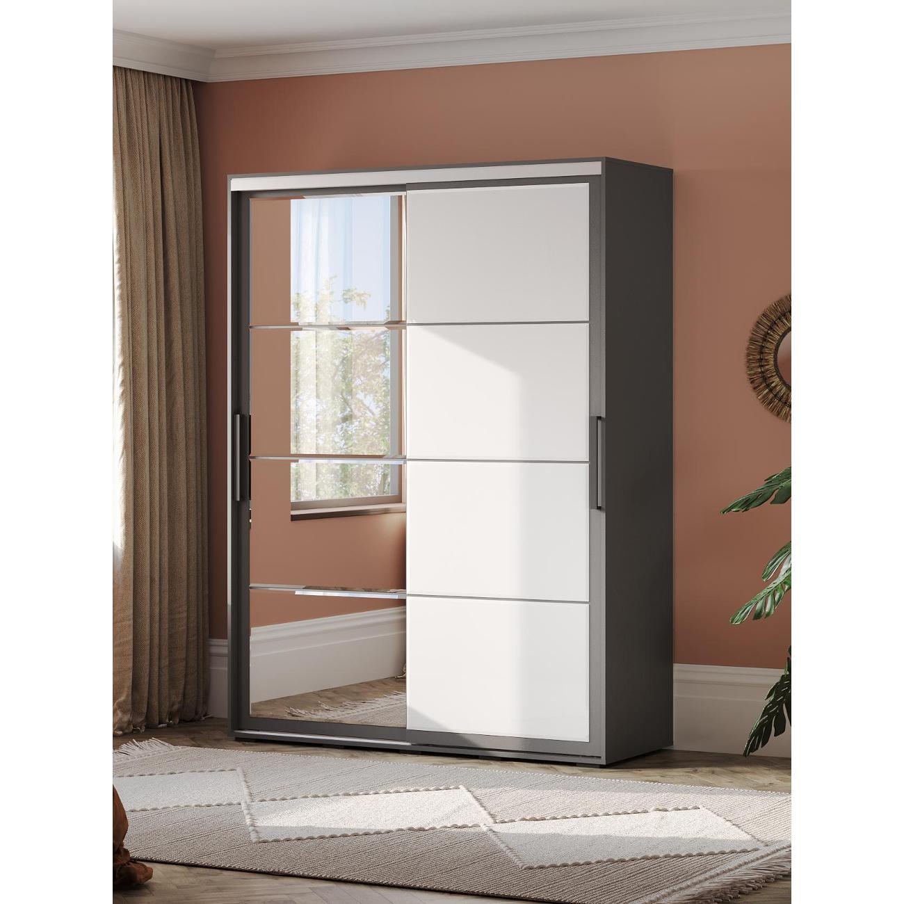 Шкаф Правила мебели Крафт Халф с зеркалом, с полками, с ящиками, со штангой, 160.2х59.4х217.6 см, Графит