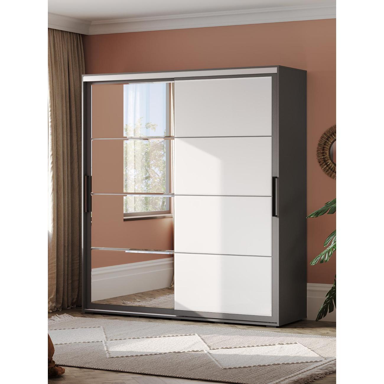 Шкаф Правила мебели Крафт Халф с зеркалом, с полками, с ящиками, со штангой, 196.2х59.1х217.6 см, Графит