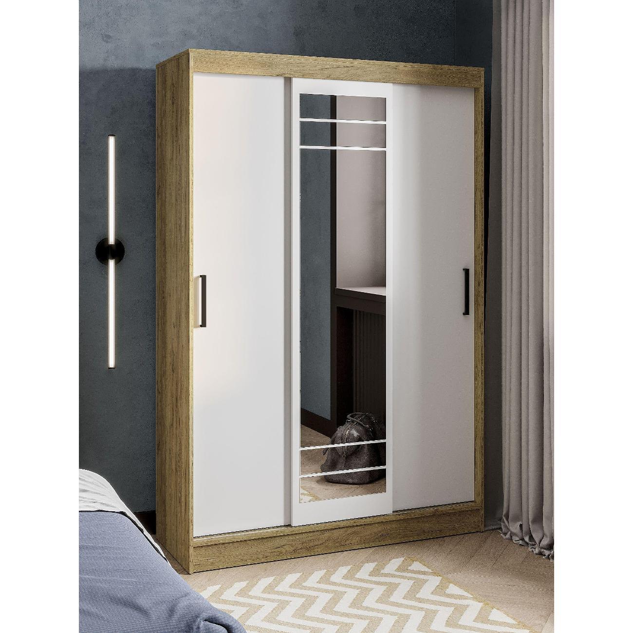 Шкаф Правила мебели Тео с зеркалом, с полками, со штангой, 131х50х200 см, Дуб Крафт / Белый / Зеркало