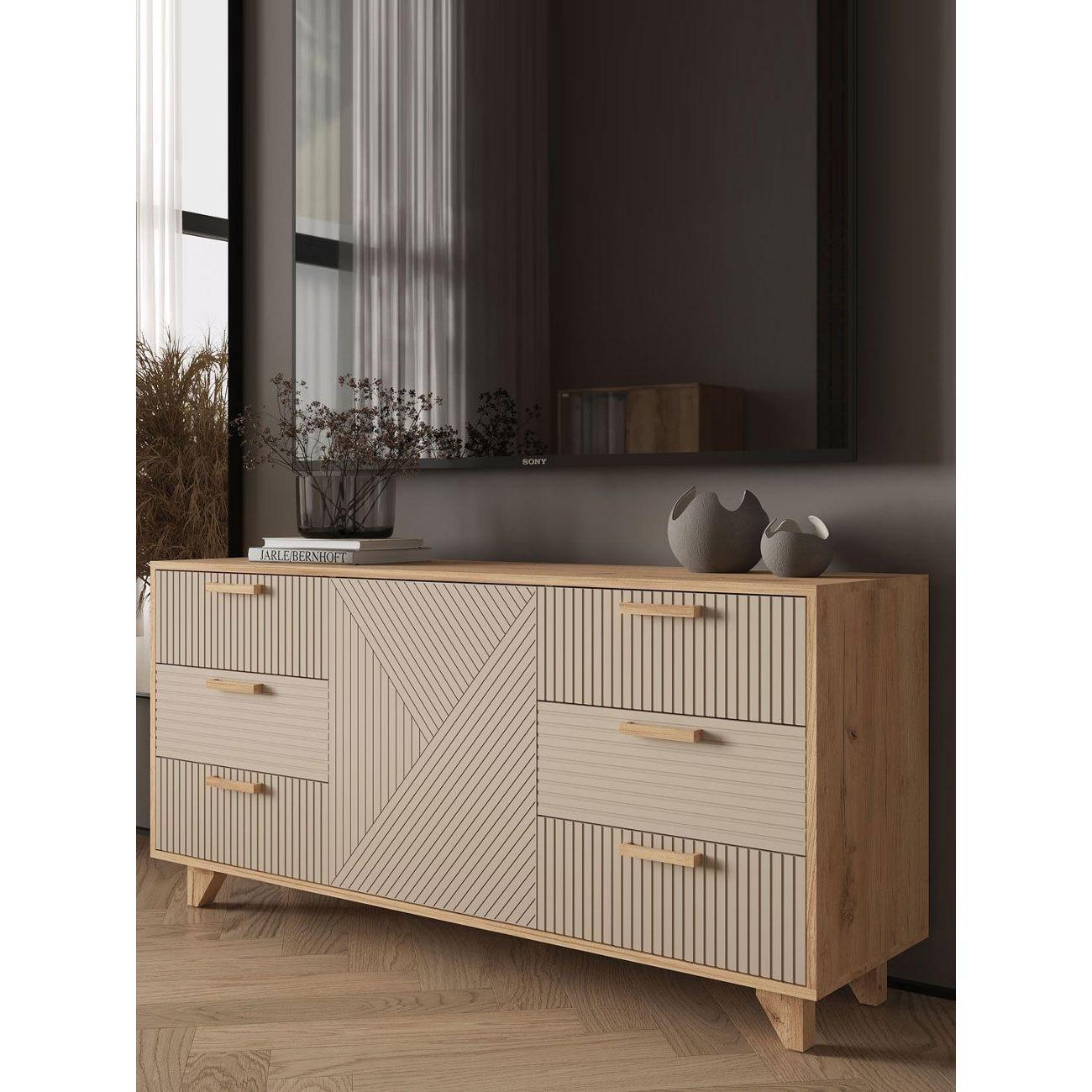 Комод Правила мебели для одежды и хранения вещей Ньерд с полками, с ящиками, 150х40.8х70 см, Дуб Вотан / Ива пепельная
