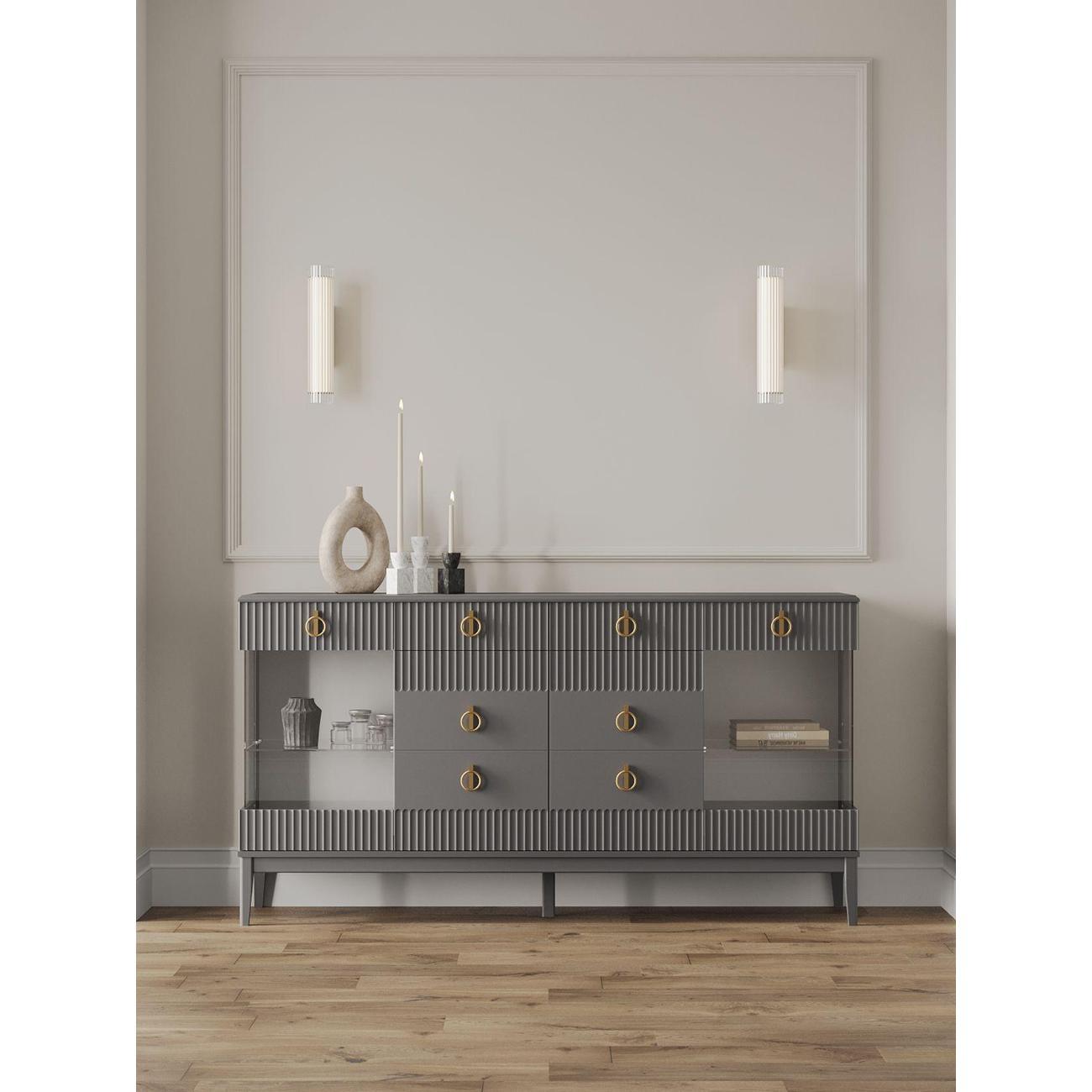 Комод Правила мебели для одежды и хранения вещей Санторини с ящиками, с полками, на ножках, 179.8х44х96 см, Антрацит лак, МДФ / Серый шифер, ЛДСП