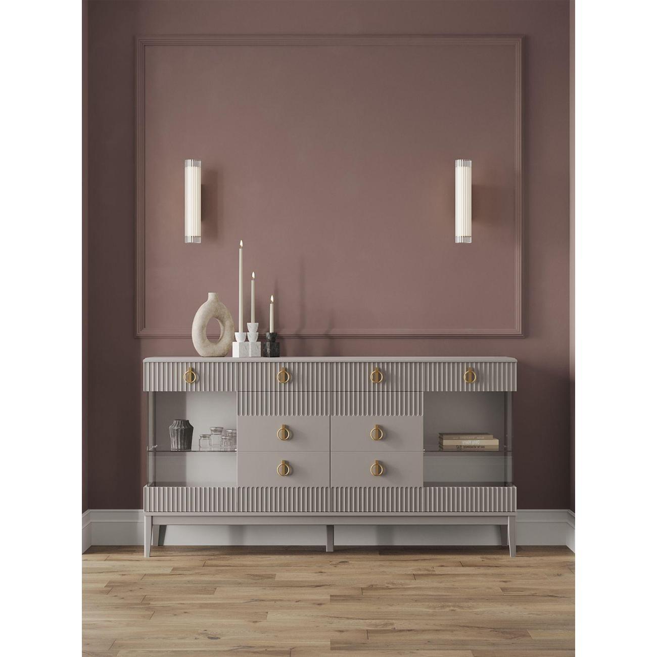 Комод Правила мебели для одежды и хранения вещей Санторини с ящиками, с полками, на ножках, 179.8х44х96 см, Льняной лак, МДФ / Персидский жемчуг, ЛДСП