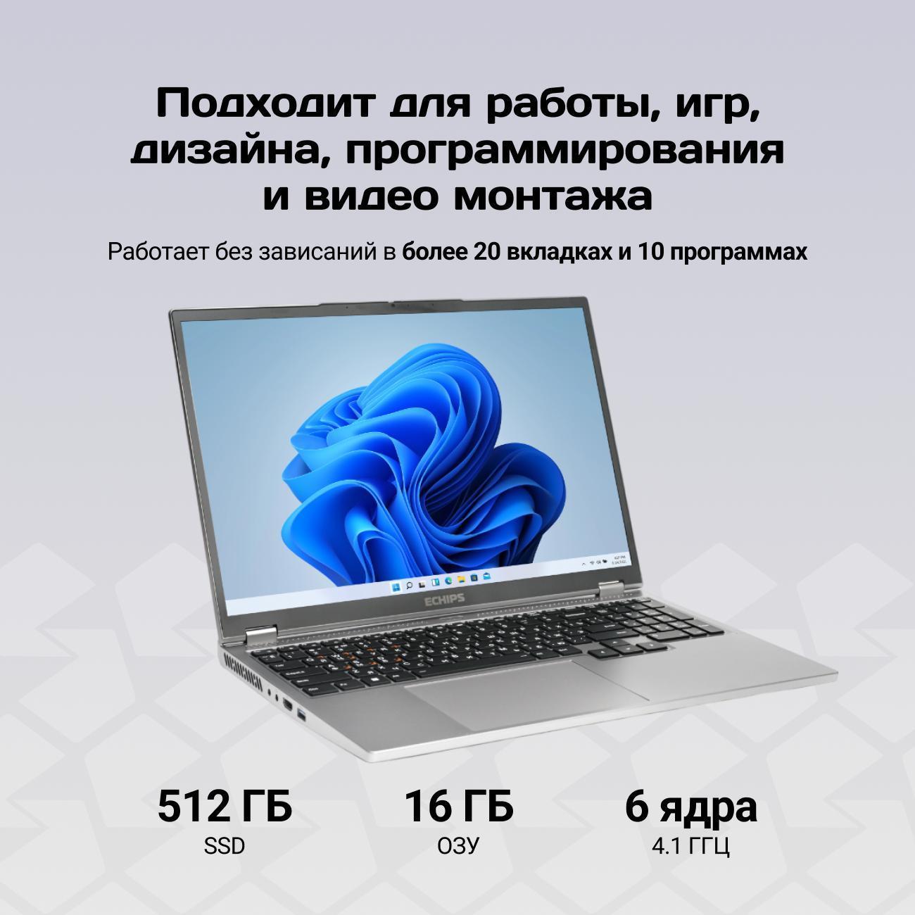 Ноутбук Echips 16" Rush i7 8750H RAM 16/512GB IPS Full HD W11H
