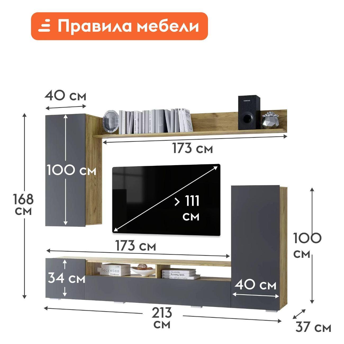 Стенка Правила мебели Астория, настенная полка, тумбы, шкафы, 213х37.1х168 см, Дуб Крафт / Графит