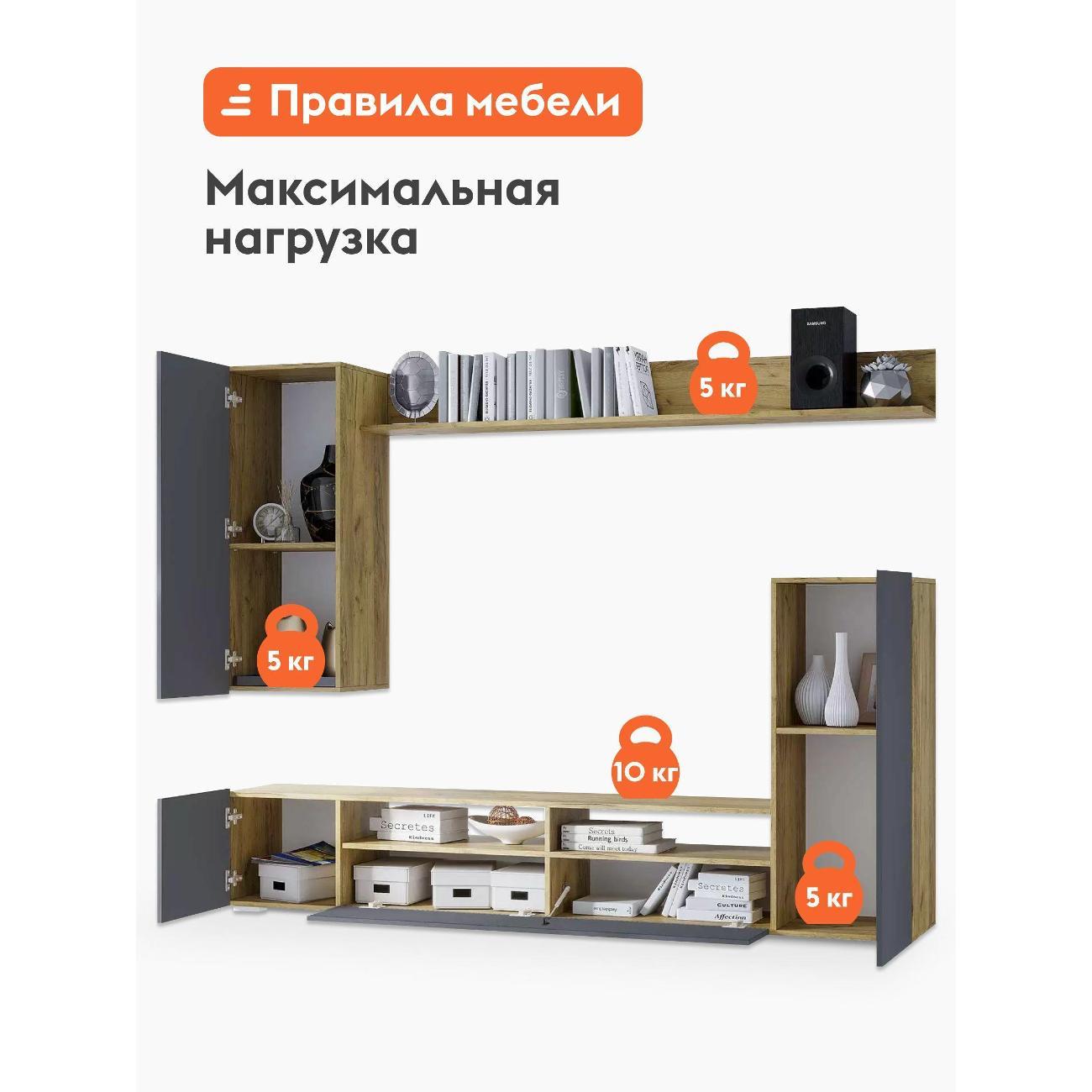 Стенка Правила мебели Астория, настенная полка, тумбы, шкафы, 213х37.1х168 см, Дуб Крафт / Графит