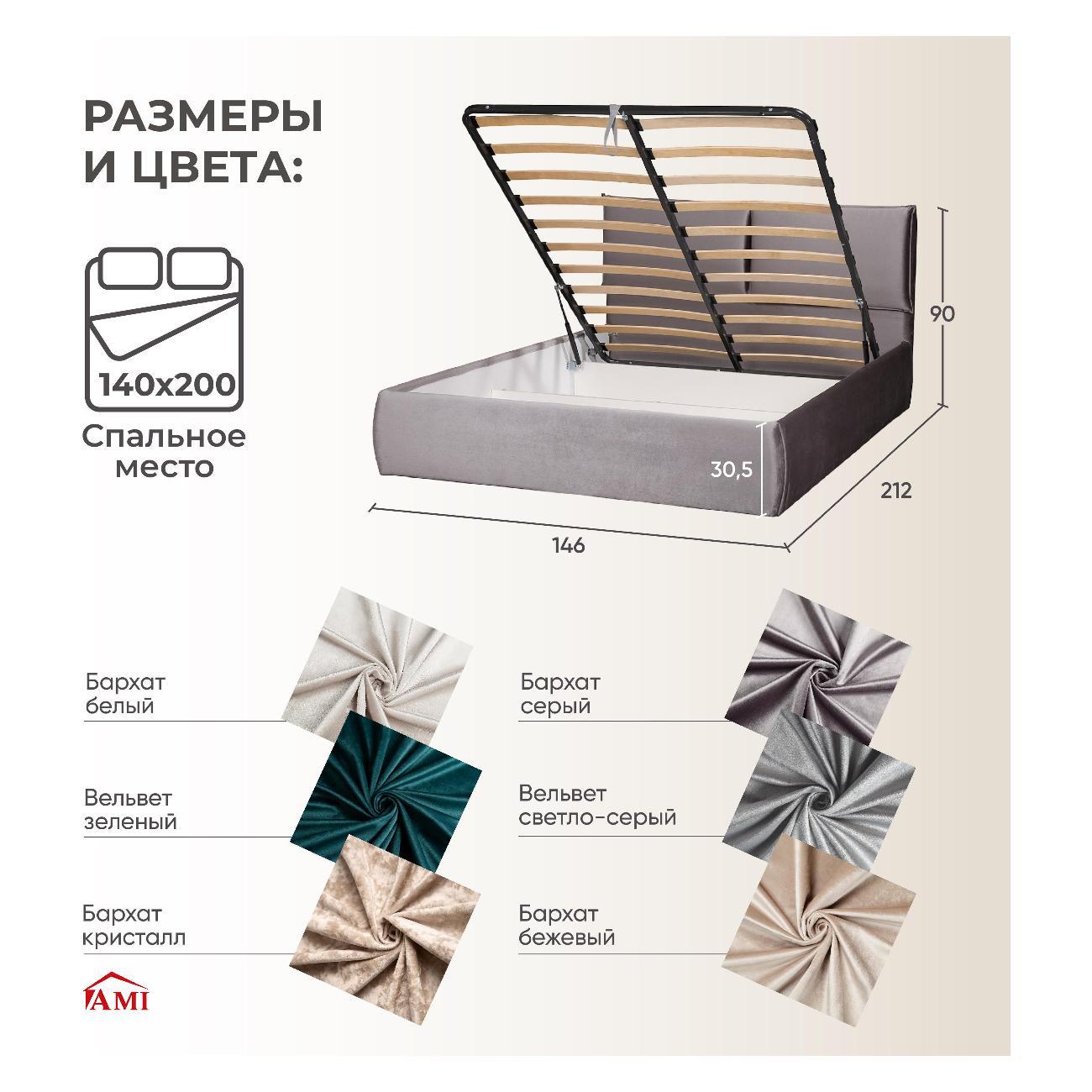 Кровать Ami Британия 1400 серый бархат