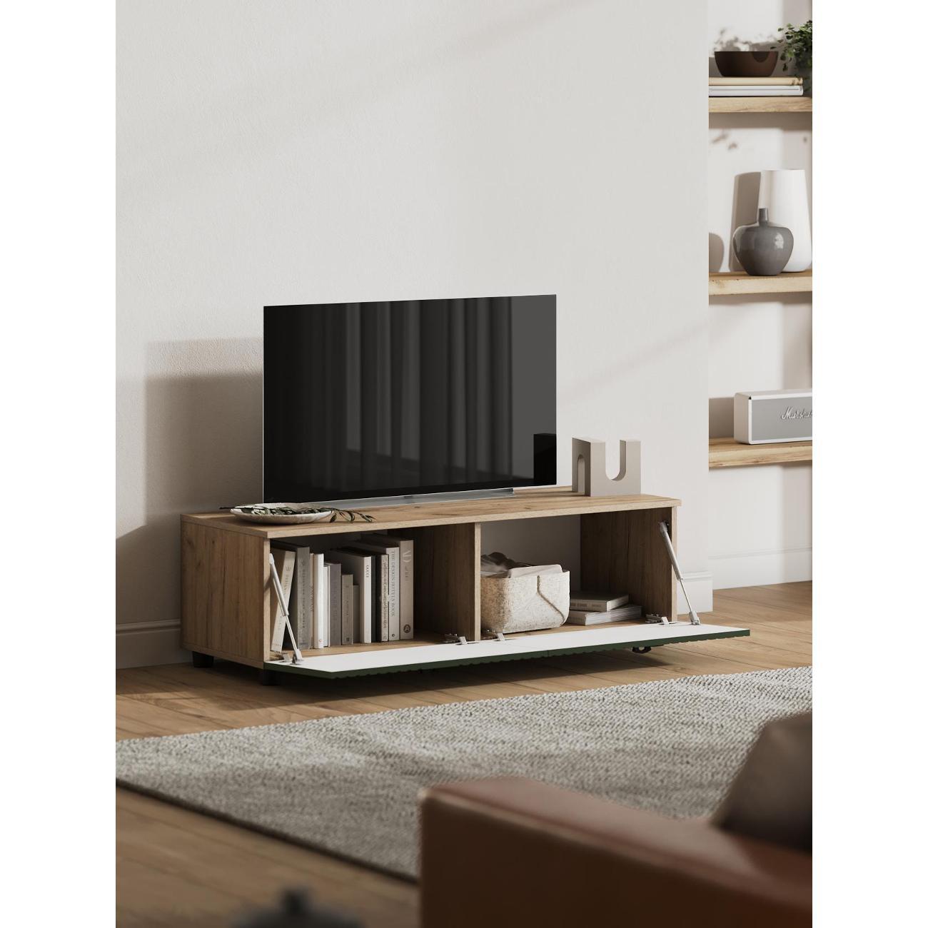 Тумба прикроватная Правила мебели под телевизор напольная Ларенс ТВ с полками, с дверцами, закрытая, 120.1х41.8х36.8 см, Дуб золотой / Олива софт