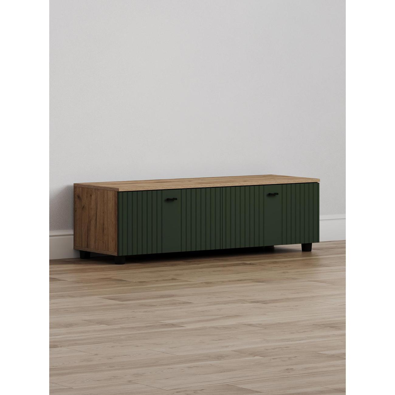 Тумба прикроватная Правила мебели под телевизор напольная Ларенс ТВ с полками, с дверцами, закрытая, 120.1х41.8х36.8 см, Дуб золотой / Олива софт