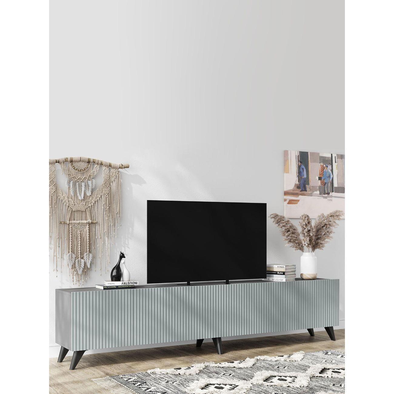 Тумба прикроватная Правила мебели под телевизор напольная Сканди ТВ на ножках, с дверцами, 213х35х47.2 см, Серый шифер / Грин грей софт