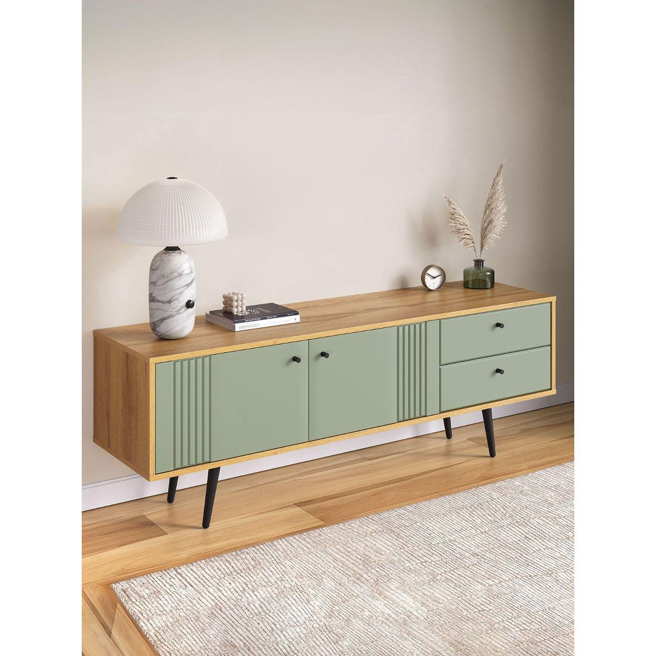 Тумба прикроватная Правила мебели под телевизор напольная Вега Саксония Комби с полками, с ящиками, 150х40х53.6 см, Дуб Крафт золотой / Серо-зеленый