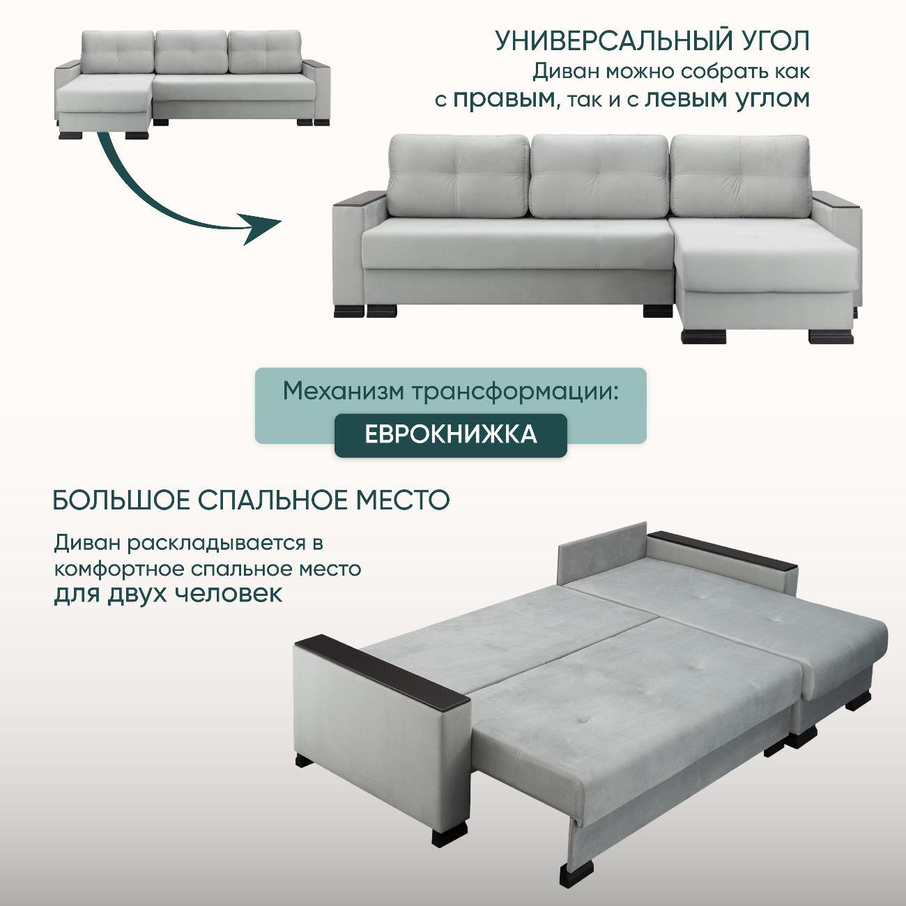 Диван Ami Николетти Люкс угловой раскладной серый вельвет