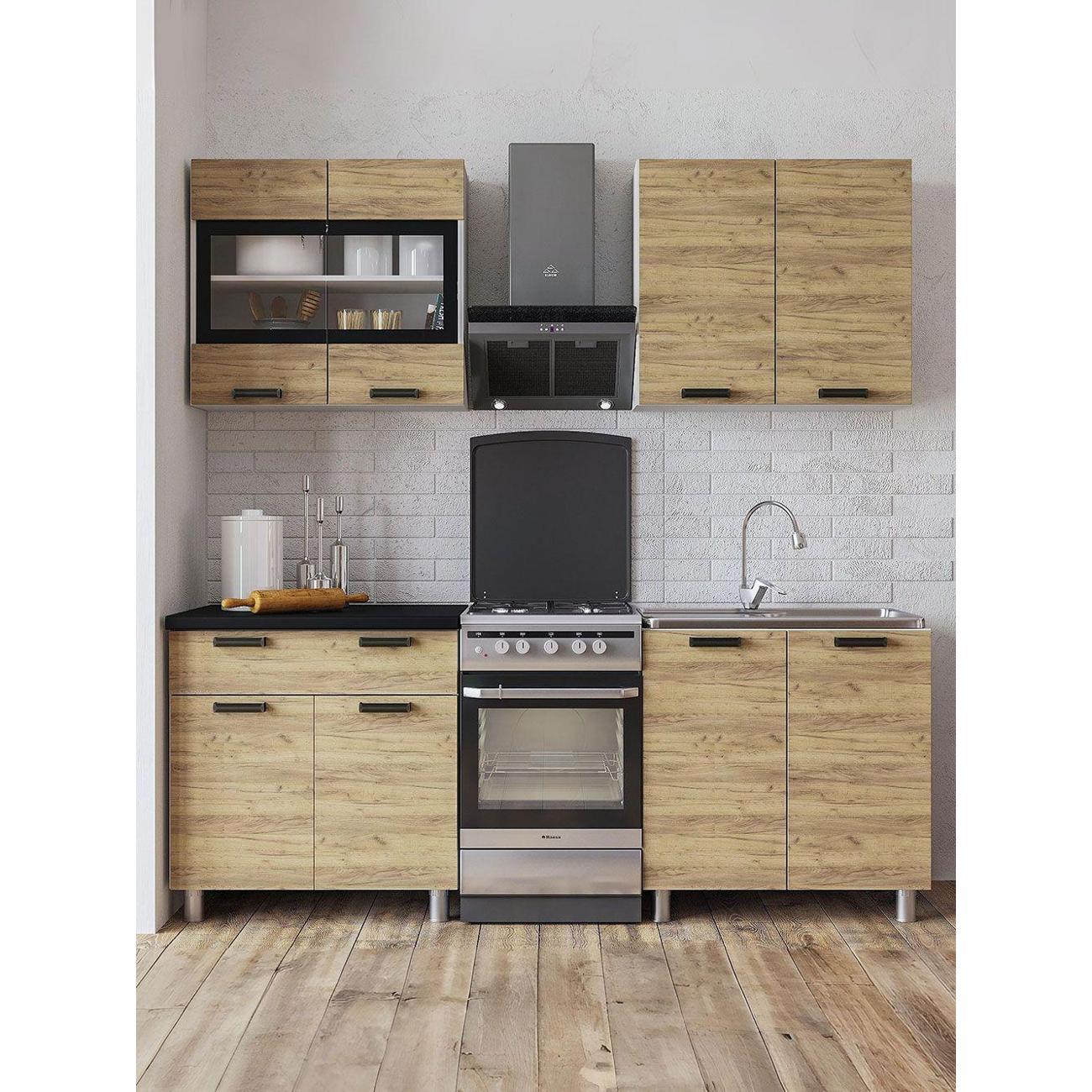 Кухня модульная Правила мебели Крафт 1.6 м со стеклом, Белый / Крафт / столешница Черный янтарь