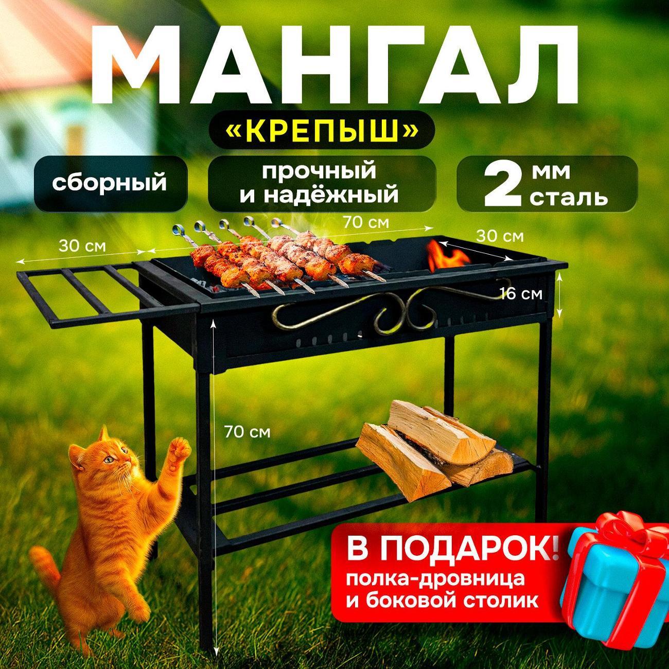 Мангал складной ГРИЛЬ И ПИКНИК сборный Крепыш сталь 2 мм, 70х30х70 см