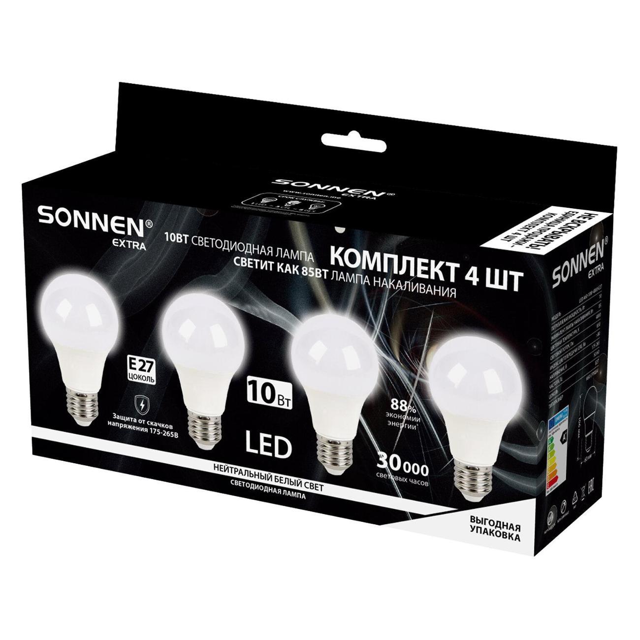 Лампа Sonnen EXTRA 10 (85) Вт КОМПЛЕКТ 4шт. Е27 нейтр. бел LED A60-10W-4000-Е27, 457893