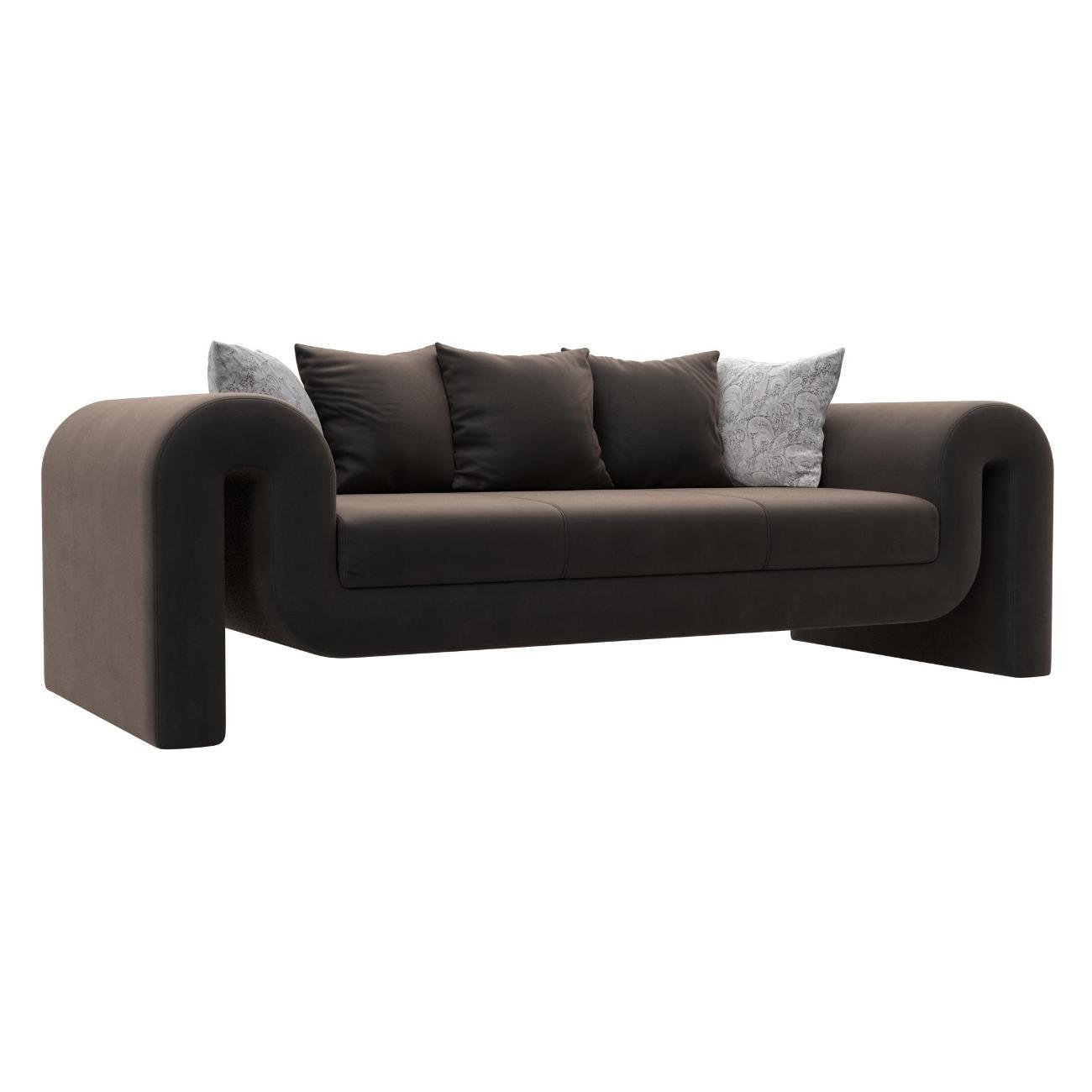 Диван Лига Диванов Волна велюр коричневый, подушки велюр коричневый/велюр серый с узором