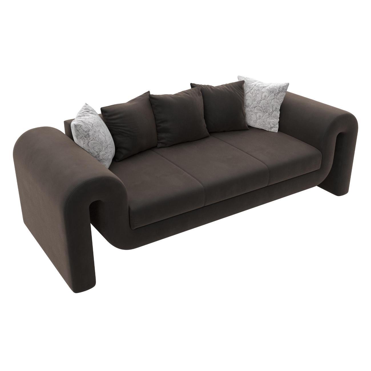 Диван Лига Диванов Волна велюр коричневый, подушки велюр коричневый/велюр серый с узором