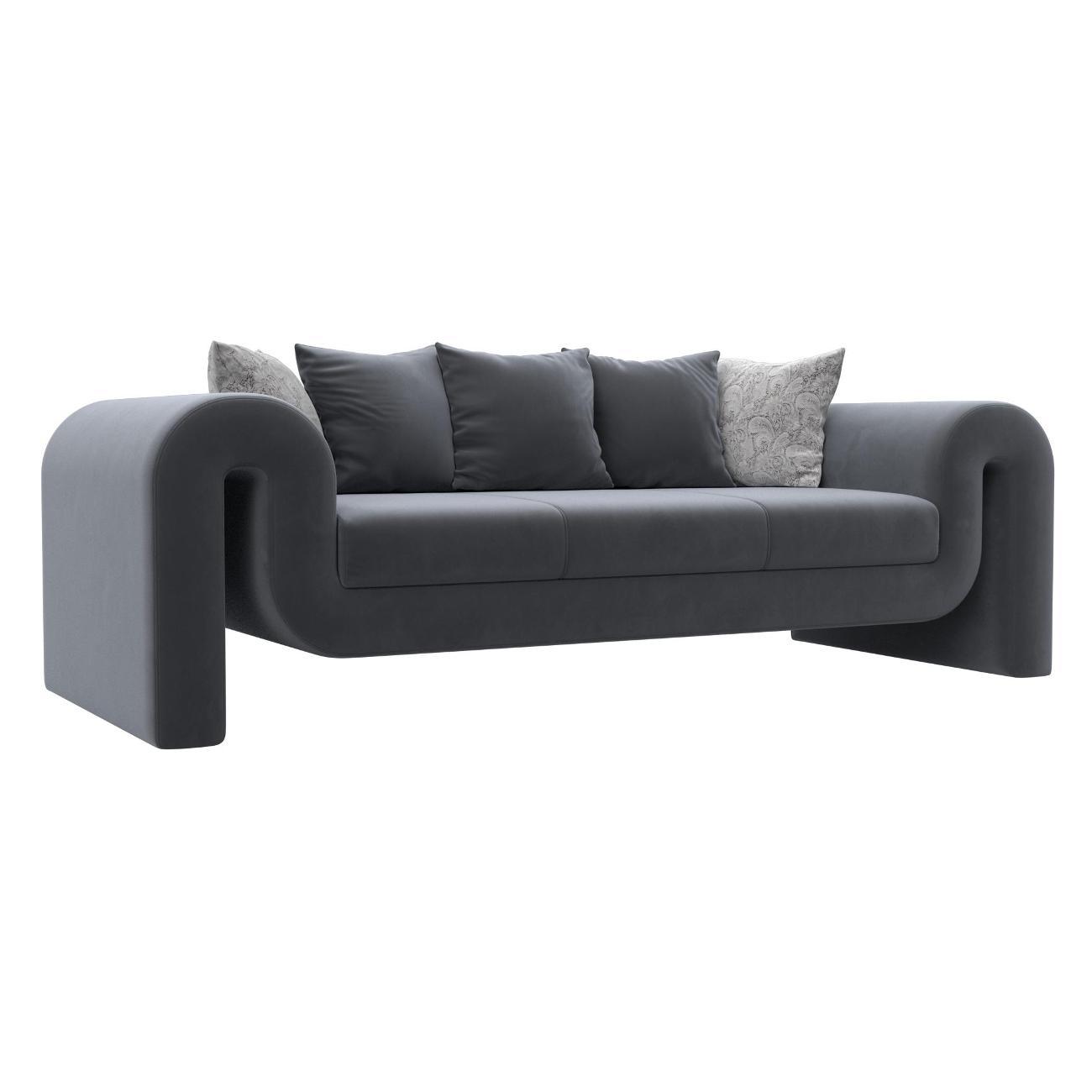 Диван Лига Диванов Волна велюр серый, подушки велюр серый/велюр серый с узором