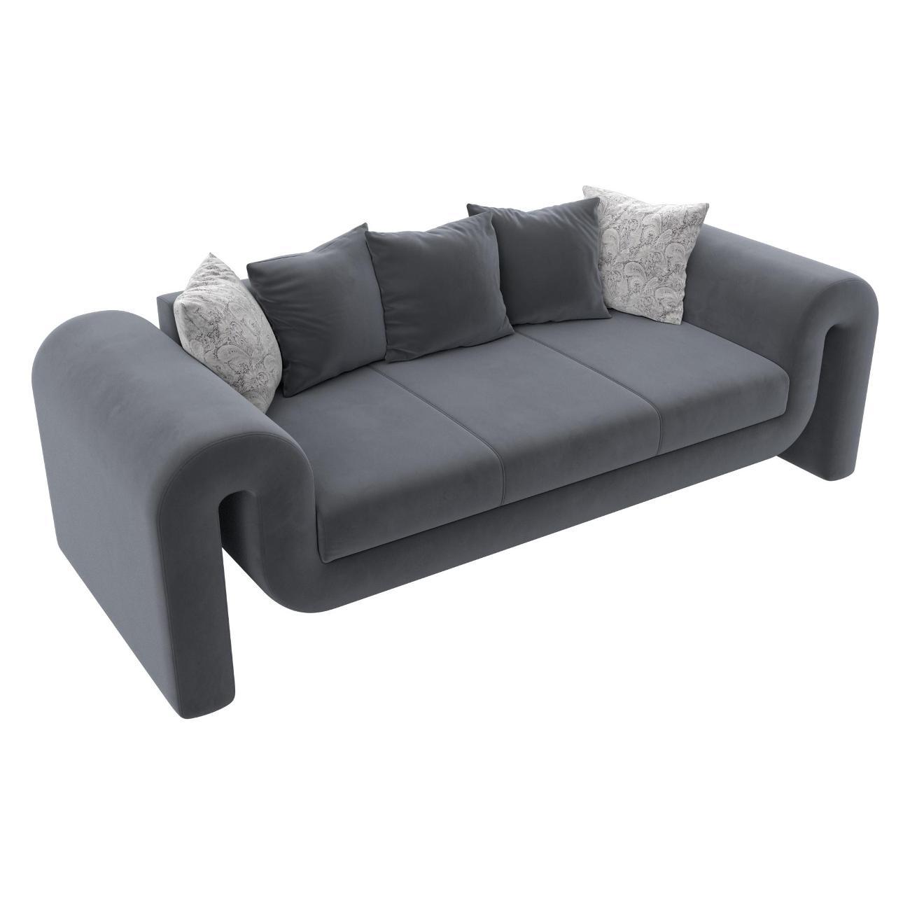 Диван Лига Диванов Волна велюр серый, подушки велюр серый/велюр серый с узором