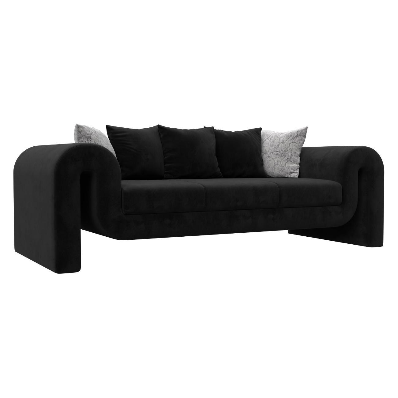 Диван Лига Диванов Волна велюр черный, подушки велюр черный/велюр серый с узором