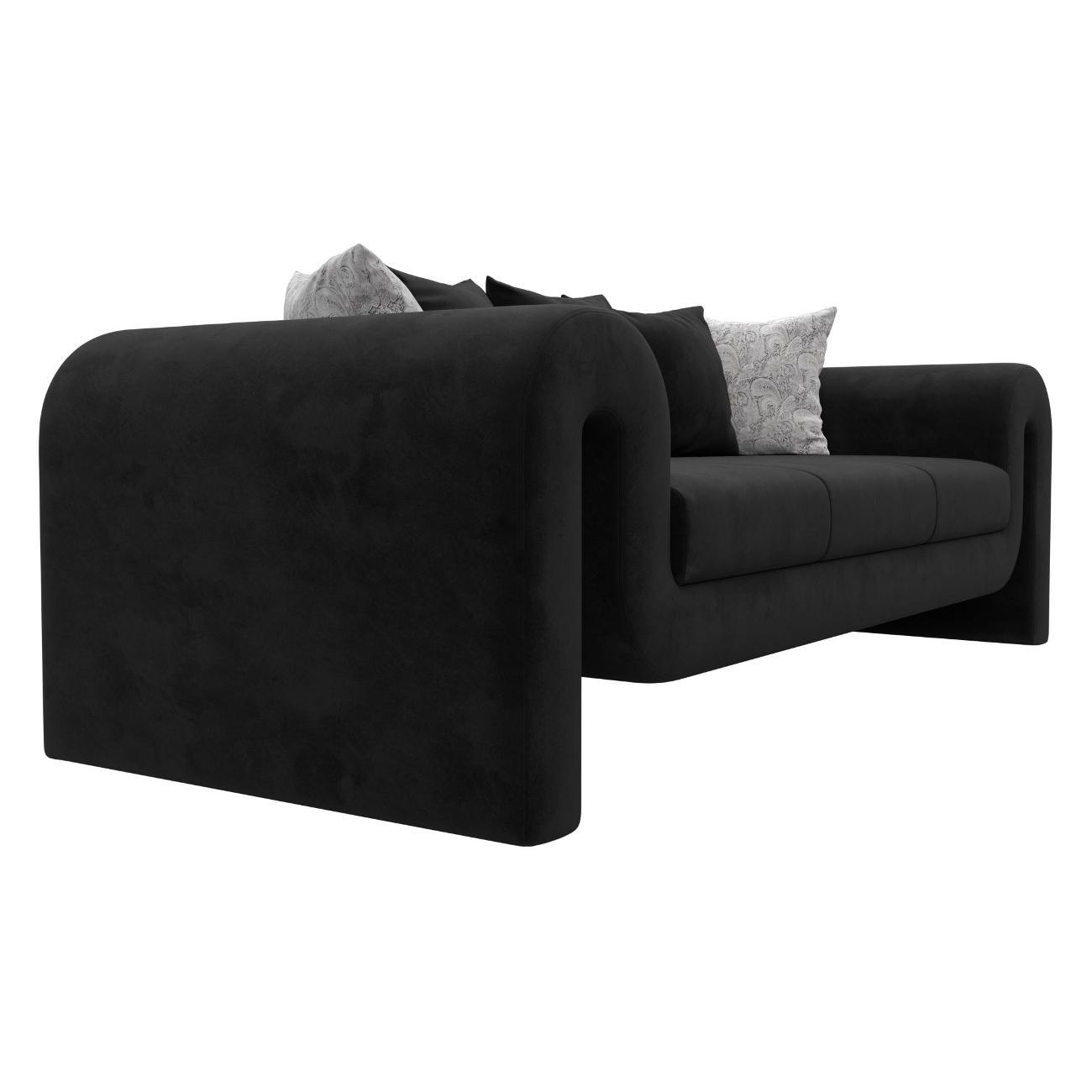 Диван Лига Диванов Волна велюр черный, подушки велюр черный/велюр серый с узором