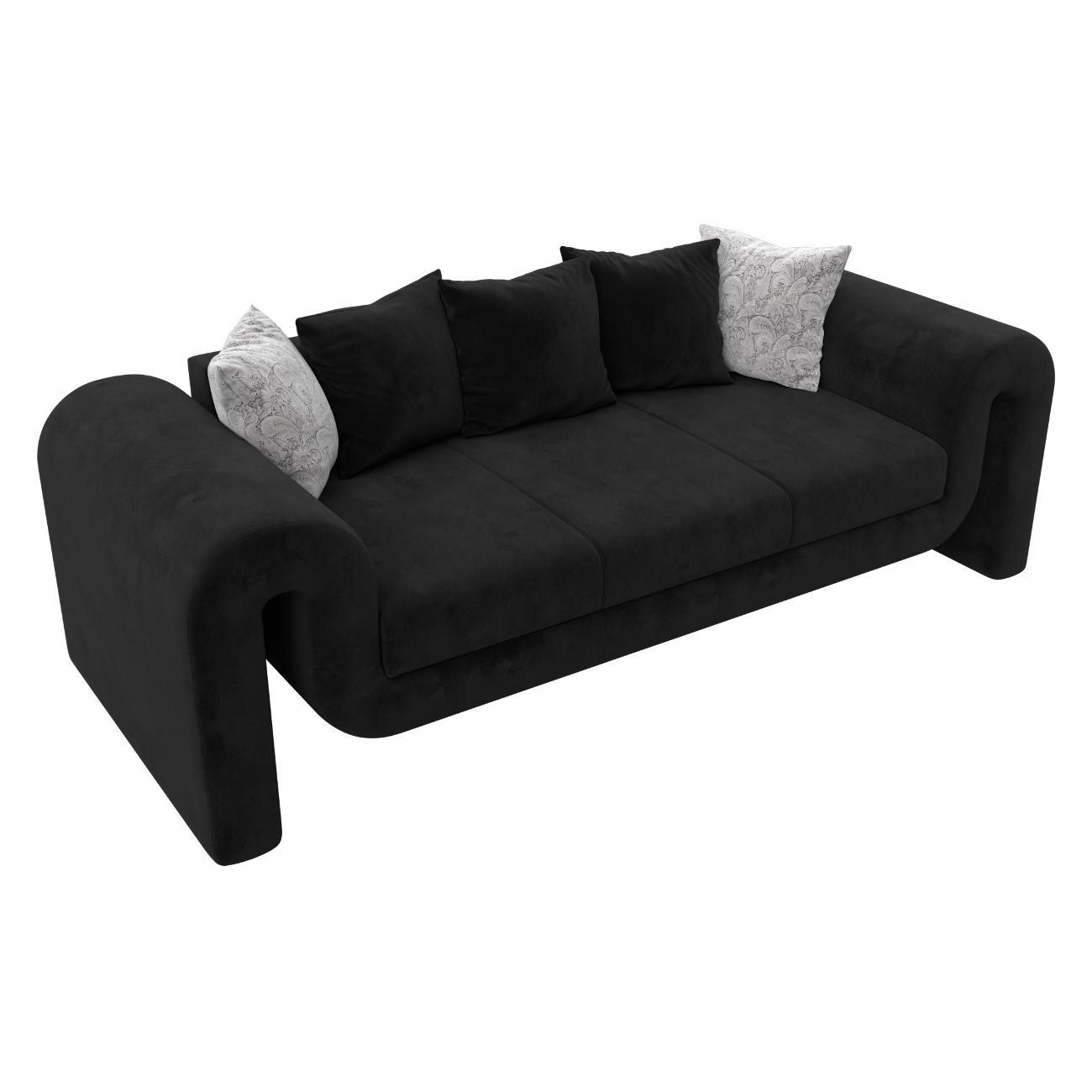 Диван Лига Диванов Волна велюр черный, подушки велюр черный/велюр серый с узором