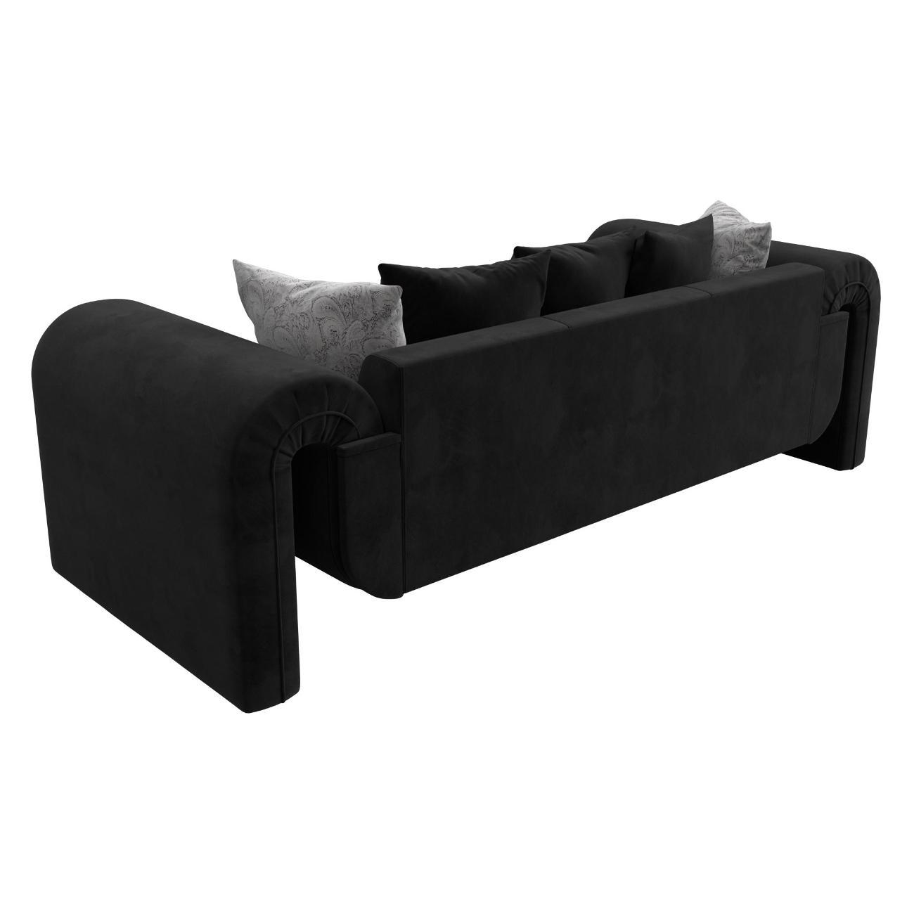 Диван Лига Диванов Волна велюр черный, подушки велюр черный/велюр серый с узором